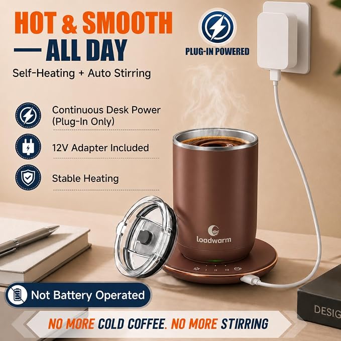 Self Heated Stirring Coffee Mug, 10oz Auto Mixing Cup with Warmer, Brown | 3 temp settings, food-grade stainless steel interior, 8-hour auto shut-off, plug-in desk mug with Warmer for office home