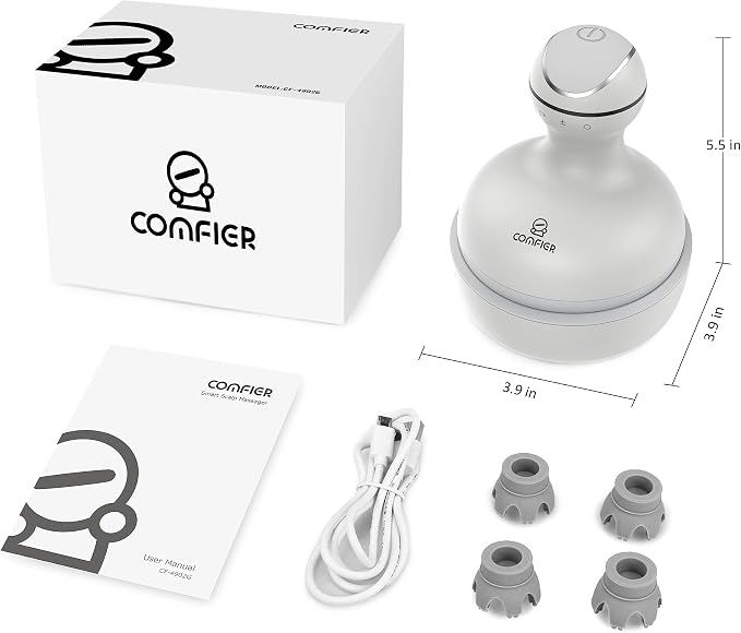 COMFIER Electric Scalp Head Massager with 4 Soft Silicone Massage Heads, Portable Hair Massager for Hair Growth, Relieve Stress, Head Scratcher for Deep Relaxation, Dog Cat Massager, Gray