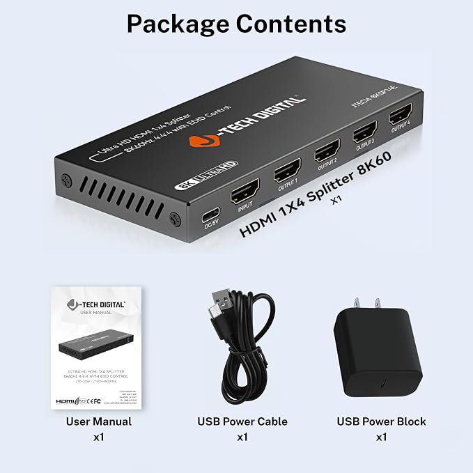 J-Tech Digital 8K HDMI Splitter 1 in 4 Out, HDMI 2.1 1x4 Splitter 8K@60Hz 4K@120Hz 1080P@240Hz, Duplicate/Mirror Screen 3 EDID Modes with Downscaling HDCP 2.3 [JTECH-8KSP14E]