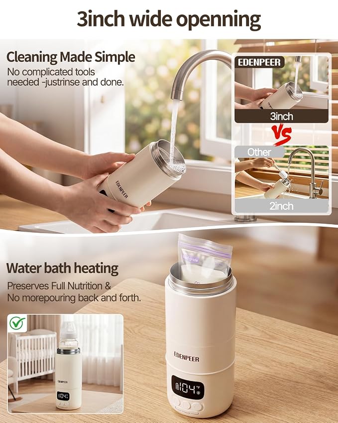 Portable Bottle Warmer for Travel | 3X Faster Heating | 3" Wide Mouth for Easy Cleaning | USB-C & AC Plug-in Power Options | Built-in Sterilizer |Warms Breastmilk & Formula On the Go | 17oz Capacity