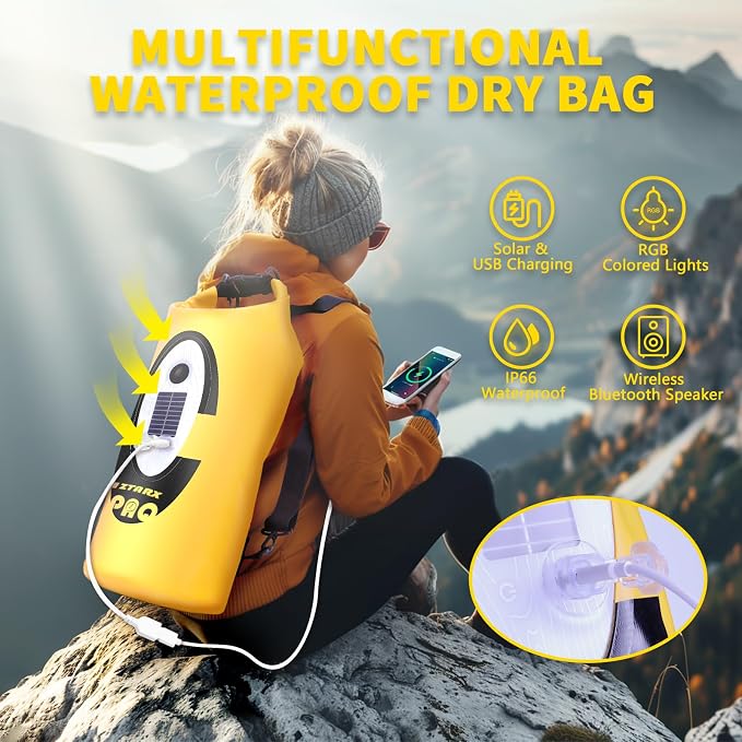FELICON Waterproof Dry Bag Backpack with Bluetooth Speaker, 10L Roll Top Floating Sack, Solar & USB-C Powered Emergency Charger, RGB Light, Heavy Duty PVC for Kayaking Camping, Yellow