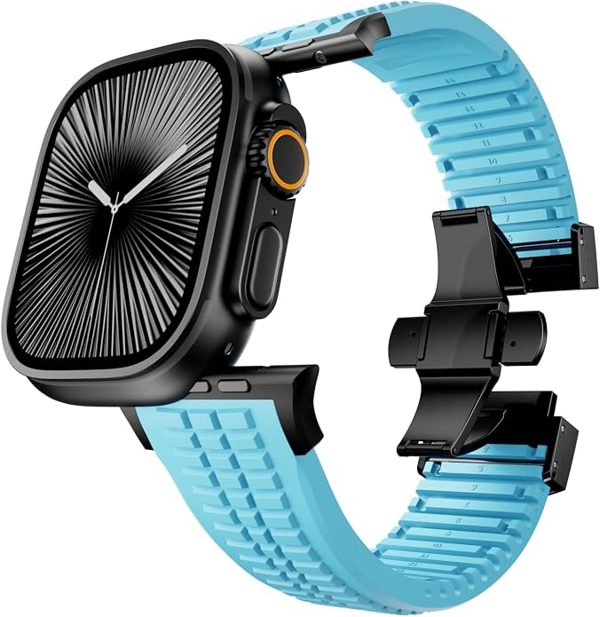 Silicone Watch Band Compatible with iWatch Ultra 2 / Ultra/Series 10 9 8 7 (44mm 45mm 46mm 49mm), Sport bands with Folding buckle, Rugged Heavy Duty Modern Design for Men