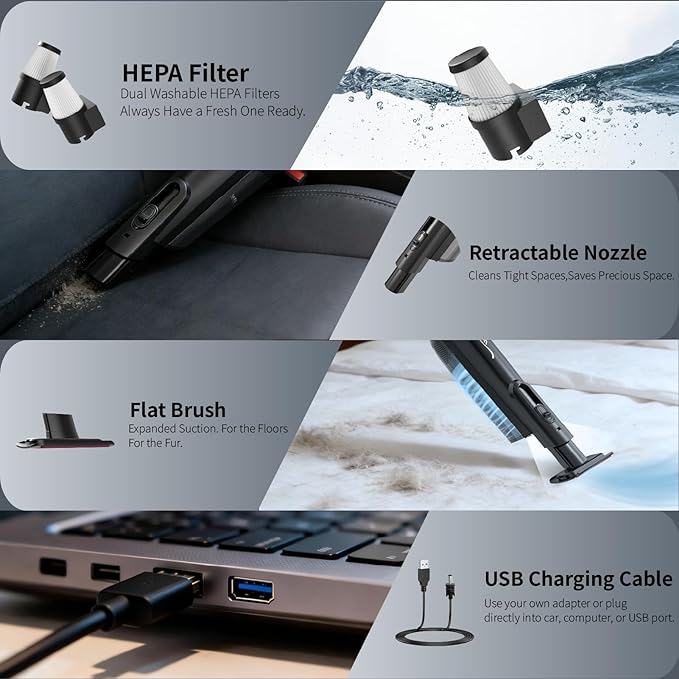Cordless Handheld Vacuum, Lightweight Portable Hand Vacuum Cleaner with LED Light,Rechargeable Hand Held Vacuum with One-Touch Empty, Powerful Suction for Office, Home,Car, Charcoal