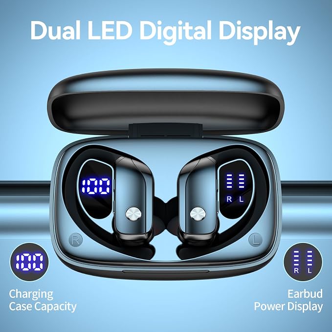 bmani Ear Buds Wireless Earbuds Bluetooth Headphones with 80H Playtime LED Display Case, Over-Ear Hook with Mic, Stereo Sound, Easy Button Controls, Sports Earphones for Running Workout Gym Black