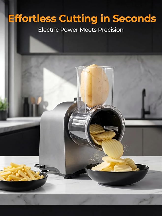 FOHERE Upgraded Electric Cheese Grater, 300W DC Motor Salad Shooter, 6-in-1 Electric Vegetable Slicer Shredder with Widened Feeding Port for Block Cheese, Vegetables Nuts, One-Touch Control
