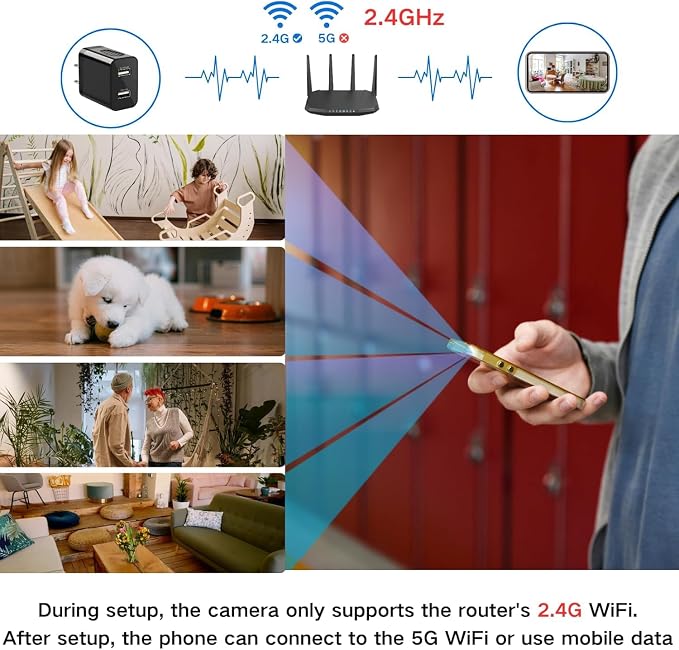 2026 Upgraded 1080P HD Hidden Camera Charger Wireless Security Camera and Nanny Cam with Motion Detection Loop Recording and Wide-Angle,WiFi Camera for Indoor Home & Pets 3-Modes Easy Setup (Black)