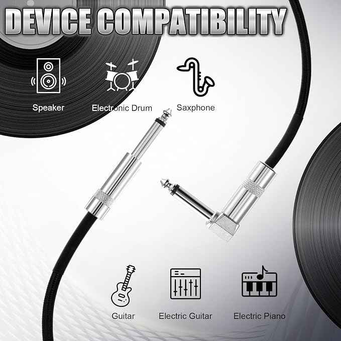 6 Pack 10ft Black Guitar Cables, Quality Instrument Cords for Guitar, Bass, Keyboard – Copper & PE Material, Flexible and Reliable for Performance