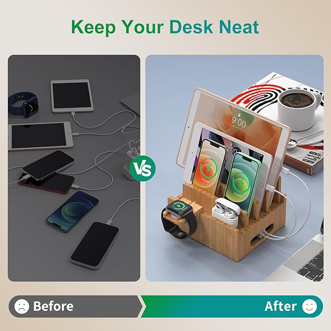 Pezin & Hulin Bamboo Charging Station for Multiple Devices with 5 Port USB Charger,5Cables,Smart Watch&Earbuds Stand, Desk Docking Stations Electronic Organizer for Cell Phone, Tablet (Natural)