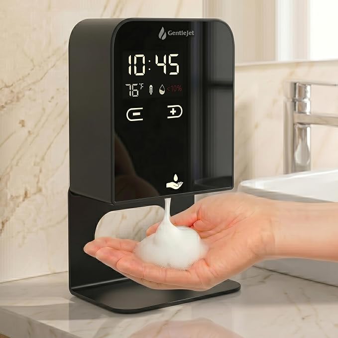 GentleJet NobleJet Automatic Foaming Soap Dispenser Touchless Sensor, LED Display, 5 Foam Levels, Wall Mount or Countertop, Rechargable USB-C or Battery Powered, Aluminum Alloy, 480 ml Refillable