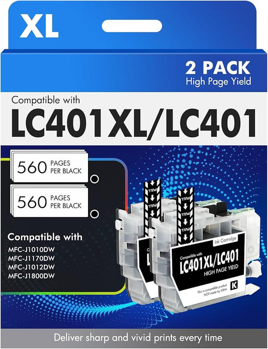 LC401XL LC401 MFC-J1010DW Black Ink Cartridges Compatible for Brother LC 401 XL MFC-J1010DW MFC-J1170DW MFC-J1012DW MFC-J1800DW MFC J1010DW Printer (High Yield, 2 Pack)