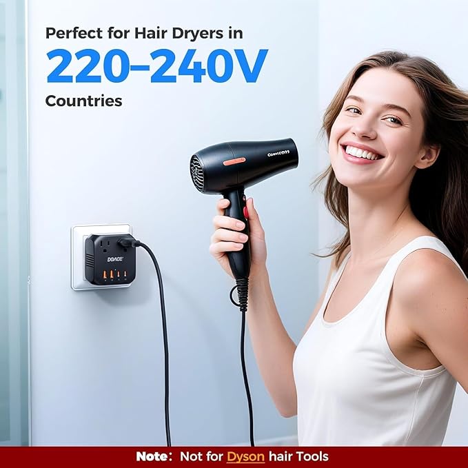 DOACE 2000W Voltage Converter US to Europe for Hair Dryer - 220V to 110V Converter for European Travel, Power Converter Adapter Combo with 2 PD/QC & UK/AU/US/IT/European Travel Plug Adapters