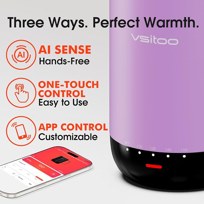 Vsitoo S3 Pro 16oz Smart Self Heating Coffee Mug, Heated Coffee Mug with AI Auto-Sensing Temperature Control, 120-150℉ Rechargeable Smart Mug Warmer, IPX7 Waterproof, Gift for Men Women, Purple