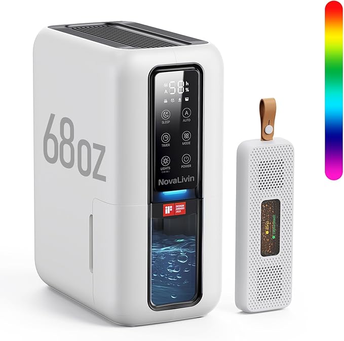 Dehumidifier for Home, Dehumidifiers for Bathroom, Bedroom, Living room, Closet with 68 OZ Water Tank, Moisture Absorbers, Auto Shut Off, Auto Humidity Control, 7 Colors LED Light, White