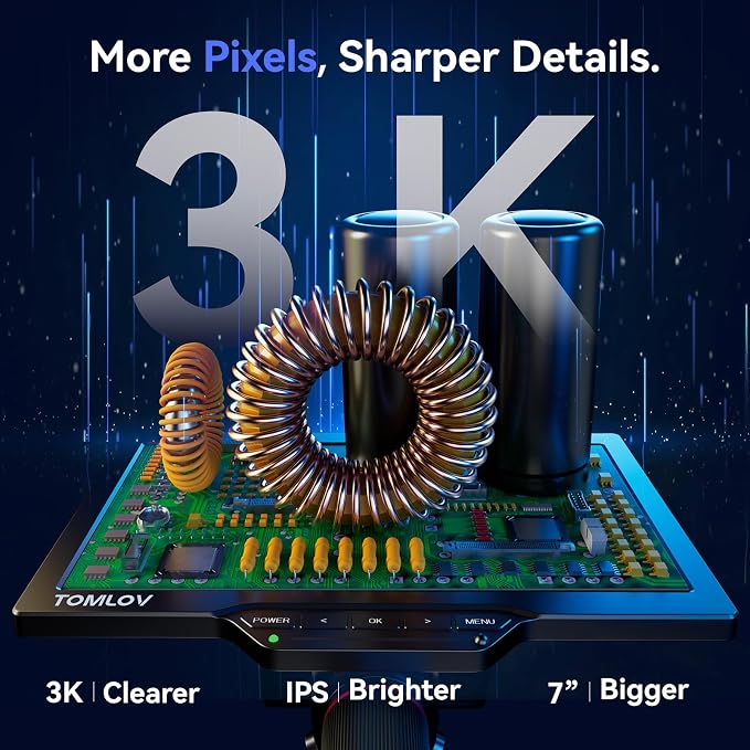 TOMLOV 3D Digital Microscope for Soldering: Magnetic Dual Lens Micro Scope TM3K-3D for Adult, Coin Microscope with Flex Arm, 3K 7-Inch IPS Screen, HDMI/USB Output, Gooseneck Light, Repair Mat, 16GB