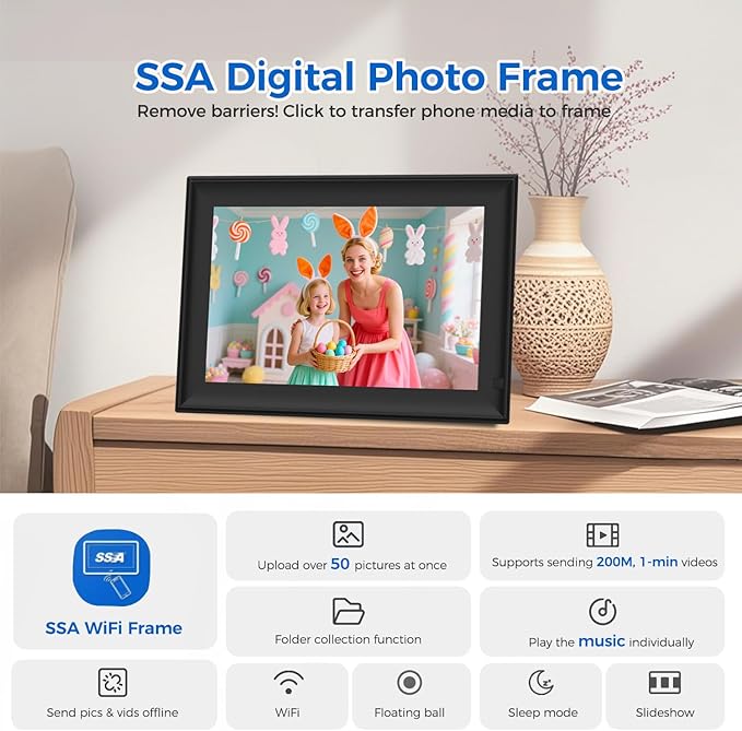 SSA WiFi Frame 32GB Digital Picture Frame WiFi 10.1 inch Digital Photo Frame with IPS Touch Screen, Auto-Rotate,Send 50 Photo Unlimited,Share Photos/Videos Instantly via App or E-Mail from Anywhere