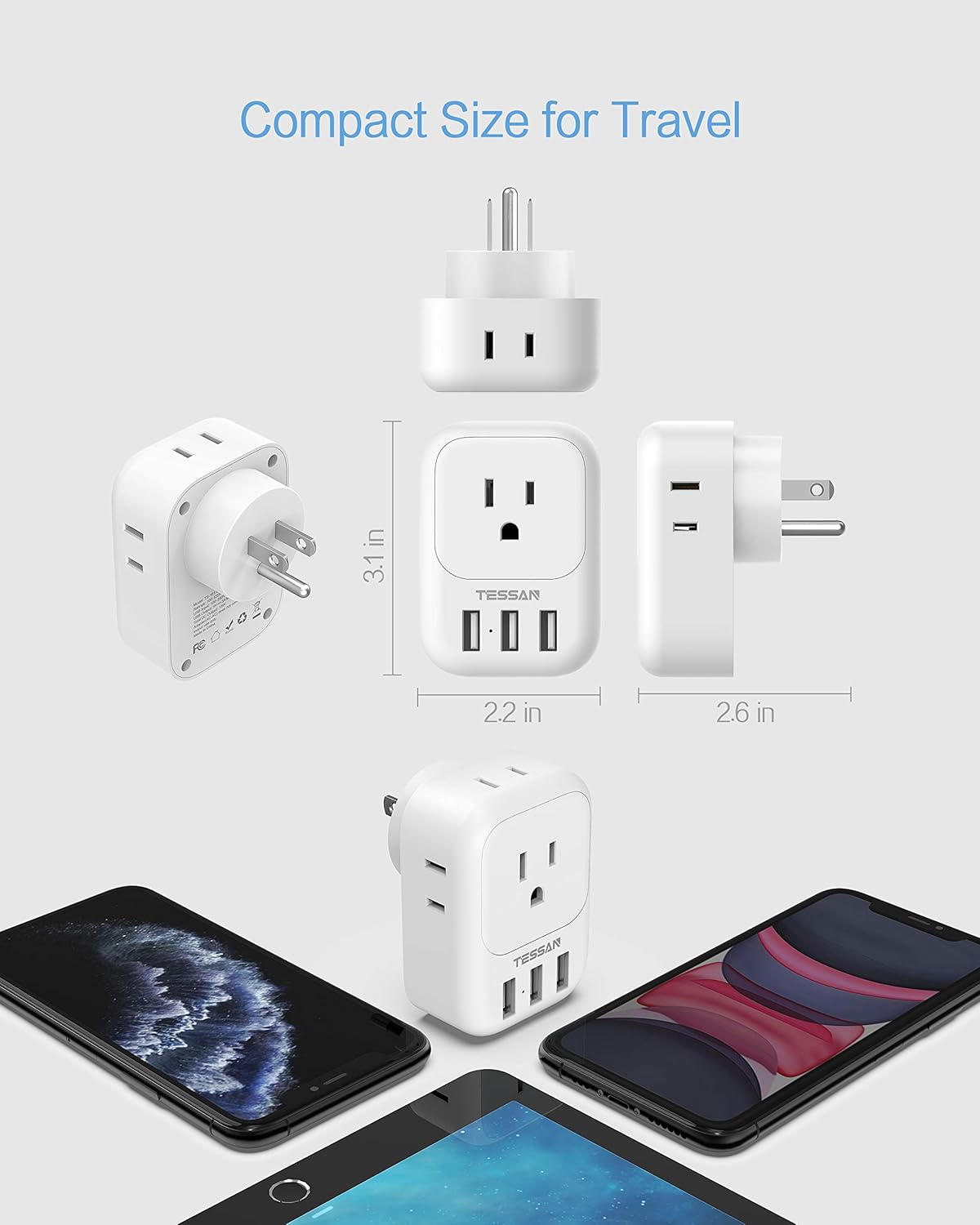 USB Charger Block, TESSAN Wall Plug Adapter with Electrical 4 Box Splitter 3 USB Wall Charger Ports, Multi Plug Outlet Extender Charging for Cruise, Travel, Office, Dorm Essentials, White