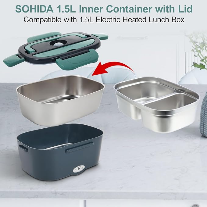 SOHIDA 1.5L Stainless Steel Inner Container with Lid – Dual Compartment, Removable, Dishwasher Safe, Compatible with 1.5L Electric Heated Lunch Box, Easy to Clean