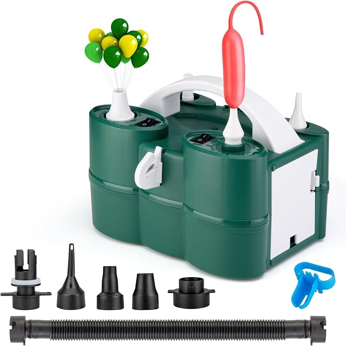 Voircoloria Balloon Pump Electric, 3-in-1 Portable Automatic Dual Nozzle Inflator 110V with Tying Tools for Birthday Gender Reveal Baby Shower Balloons Party Decorations(Green)