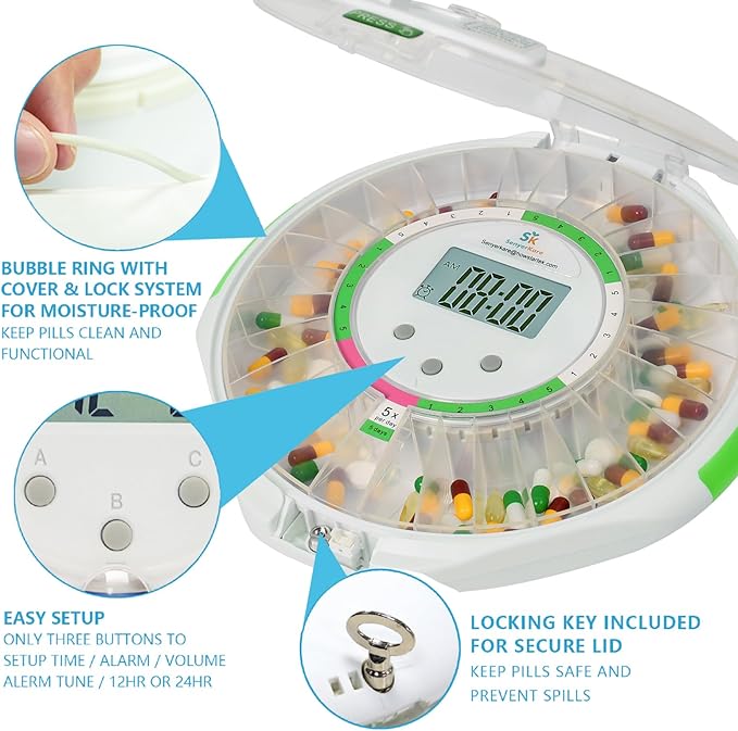 Bluetooth Automatic Pill Dispenser with App Setup for Elderly | Up to 9 Daily Doses, 28 Day Locked Medication Organizer Audio/Visual Alerts for Dementia & Chronic Care, Clear Lid