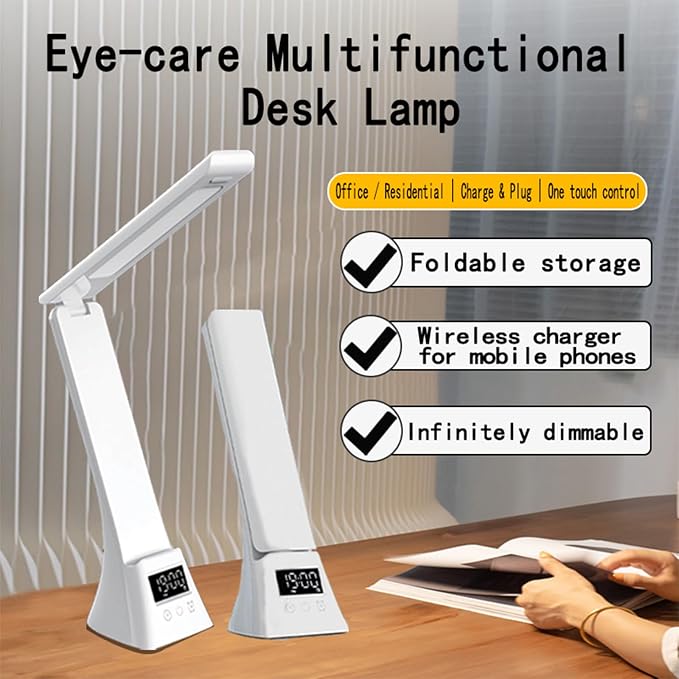 All-in-One Wireless Charging Desk Lamp with Digital Clock & Alarm, 15W Fast Phone Charger, 3 Color Lighting Modes, 180° Foldable, Touch Control for Bedroom, Office,HYV-2088 White.