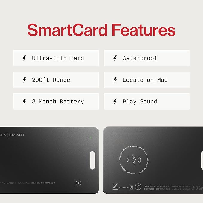 KeySmart SmartCard (Gen 2) MFI-Certified Wallet Tracker Card, Compatible with Apple Find My App, Rechargeable Thin GPS Item Finder for Luggage Tag, Smart Bluetooth Tracking with Key Chain Hole, 3 Pack
