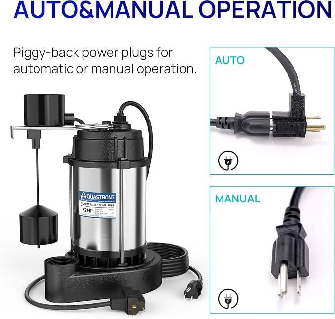 Aquastrong Sewage Grinder Pump, Cast Iron Effluent Pump, Auto Float Switch for Basement Sump Basin and Sewage Well, 2 inch Discharge, Gray No Grinder with Piggy-back Plug
