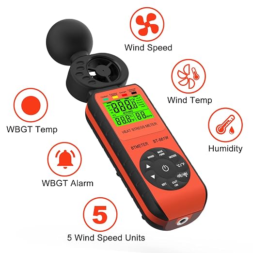 BTMETER BT-881W Heat Stress Meter Anemometer, Digital Indoor/Outdoor WBGT (Wet Bulb Globe Temperature) Meter with Wind Speed, Ambient Temp, Humidity Tester
