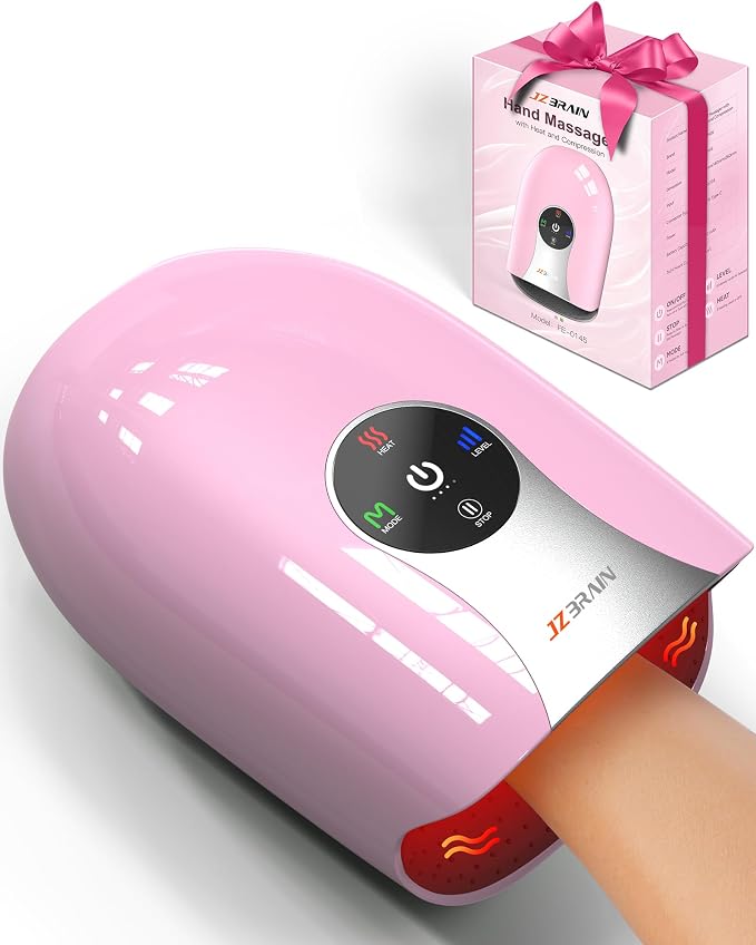JZBRAIN Hand Massager with Heat and Compression : Cordless Heated Hand and Wrist Massager for Palm, Fingers, and Comfort Relief – 4 Modes 6 Intensities, Portable Rechargeable, Wife Husband (Pink)