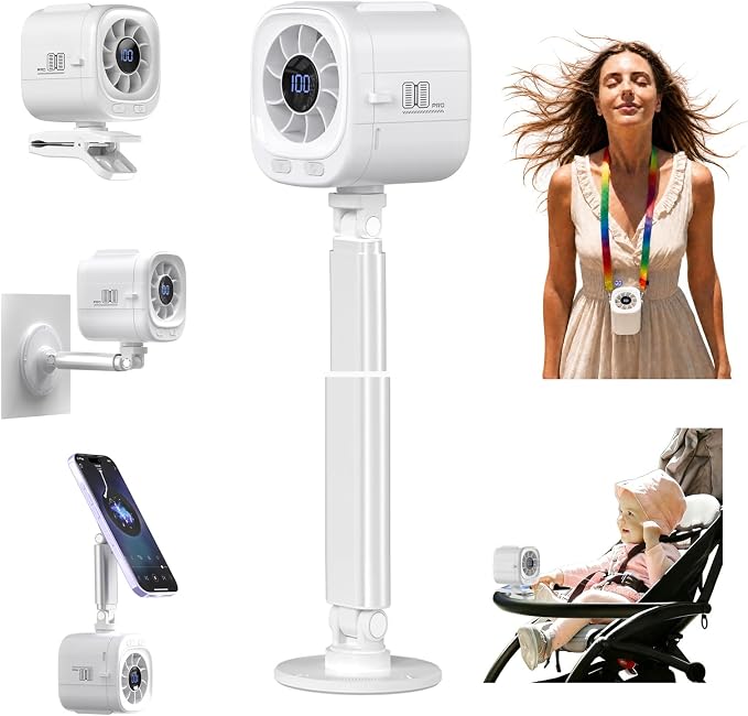 Portable Fan Handheld Turbo Fan Desk Fan Car Fan with 3 Level Adjustable Lighting Rechargeable Fan with Magnetic Clip on Fan Stroller Fan Golf Car Fan Personal Cooling Gifts (White)