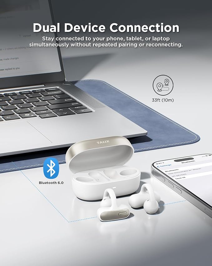 TALIX Open Ear Clip-On Earbuds X8 with AI ENC & Powerful Bass, Wireless Bluetooth 6.0, IPX4 Sweatproof Fitness Headphones, Physical Buttons, 5g Lightweight Ear Buds with Multi-Device Switching, White