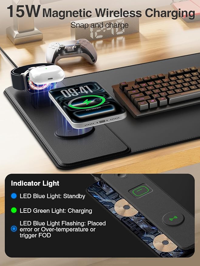 Mouse Pad with Wireless Charging for Phone/AirPods/Apple Watch, 31.5"x15.8" Large, Waterproof Smooth Surface, Non-Slip Base, with Adapter