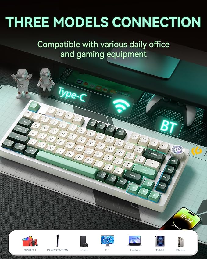 LEOBOG x Aula HI75C Pro PC Gaming Aluminum Alloy Keyboard,Bluetooth/USB-C/Wireless Tri-Modes Mechanical Keyboards,Hot Swappable Green Creamy Keyboard with Ice Vein Switch for Windows/Mac/Tablet Gamer