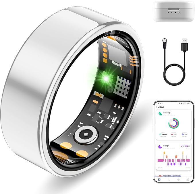 Smart Ring for Women Men, Fitness Trackers Fitness Ring (Silver, 6#) | Health Ring with Sleep Tracker, Heart Rate Monitor, Step Counter, Fit Ring for Long Lasting Battery Life, No Subscription Fee
