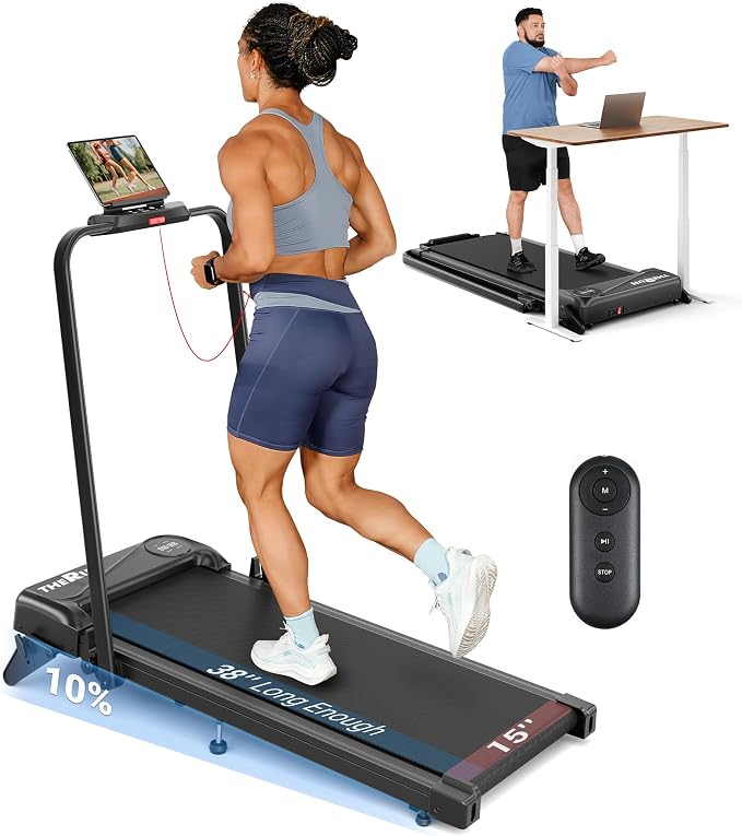 THERUN Walking Pad with Handle Bar, Walking Pad Treadmill for Home, Compact Treadmills with APP, Under Desk Treadmill with 10% Manual Incline, Portable Treadmill with Quiet Core
