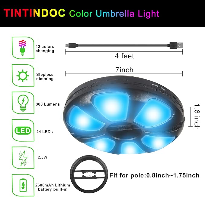 Color Umbrella Light with Remote, Outdoor/Patio Umbrella Light, Rechargeable/AA Battery, Umbrella Pole Light, 300Lumen, Stepless Dimming, for Patio Table