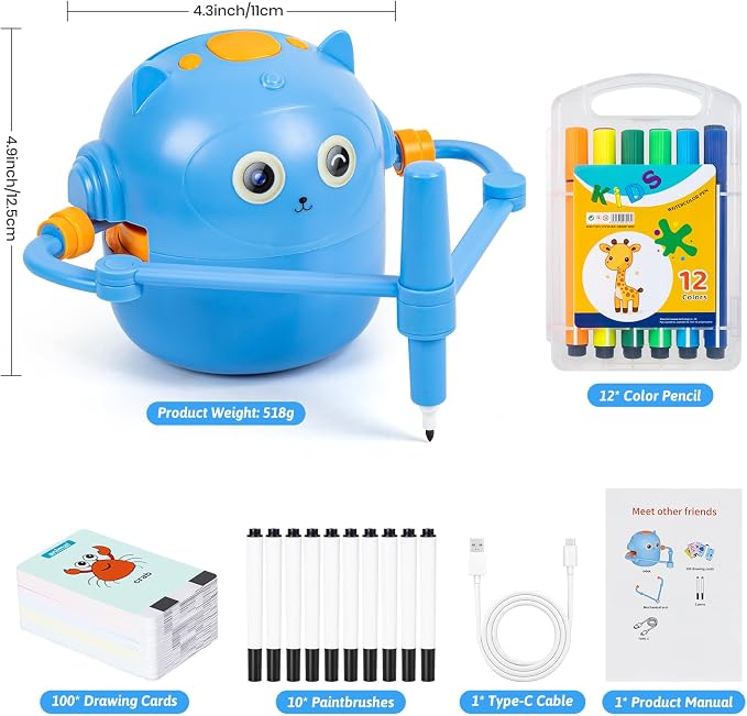 Drawing Robot for Kids with Music, Interactive Educational Drawing Machine with 100 Drawing Cards & 16 Color Pens, Magic Painting Learning Toy Gift for Girls and Boys Age 3 4 5 6 7 8