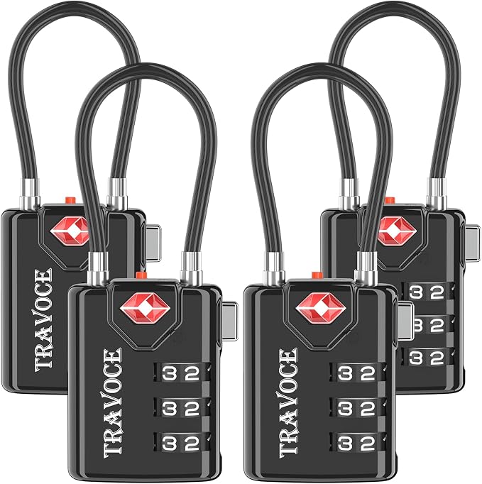 TRAVOCE TSA Approved Luggage Locks - Heavy Duty 3 Digit Combination Cable Lock, Search Alert for Suitcases, Backpacks, Golf Bags, Tents, Violin and Camera Cases, 4 Pack, Black