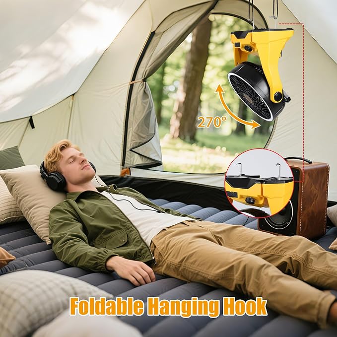 Fan Compatible with DeWalt 20V Battery Portable Jobsite Camping Fan with Infinite Speed Control USB-C and USB Charging, Hook, Handle 270° Tilt 4.5H Max Runtime for Outdoor Use Battery Not Included