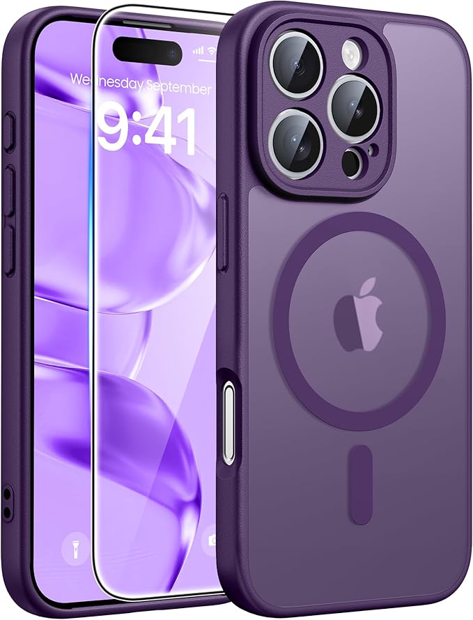 FNTCASE for iPhone 16 Pro Case: [Compatible with Magsafe] Translucent Matte Cases with [Full Camera Protection] [Screen Protector] Military Grade Shockproof Protective Phone Cover - Purple