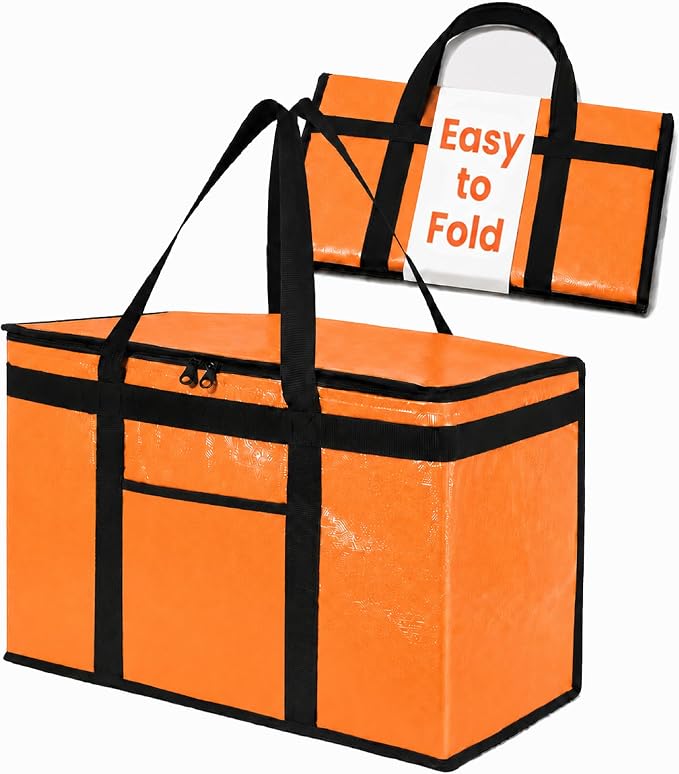 NZ home Insulated Bags for Food Delivery (2XL PRO) Grocery Shopping Cooler Bag, Pizza Delivery, Hot & Cold Catering Tote, Reusable, Foldable & Heavy Duty (Orange)