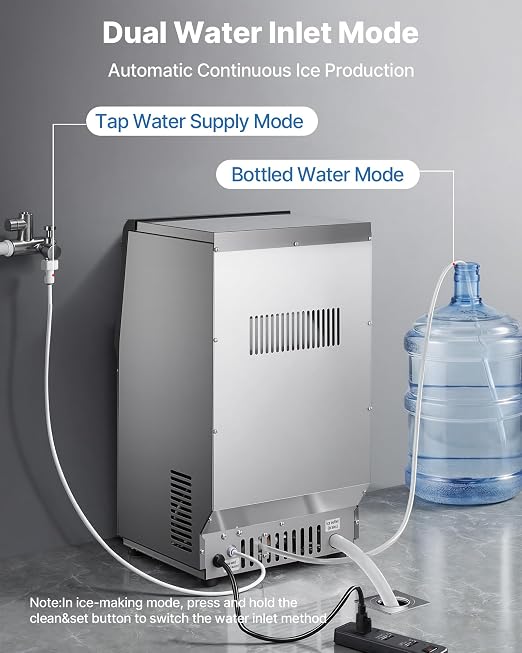 VEVOR Commercial Ice Maker Machine, 90 lbs/24h with 13 lbs Storage Capacity, Dual Water Inlet Countertop/Freestanding/Under Counter, Stainless Steel Ice Maker with LED Display, for Home Bar