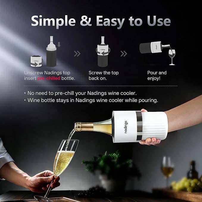 Iceless Wine Chiller, Keeps Cold 6+ Hours, Fits Most Wine Bottles | Vacuum Insulated, 18/8 Stainless Steel, Portable, Fits Most Standard 750ml Wine & Champagne Bottles, White