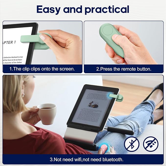 DATAFY [Case-Friendly] Page Turner for Kindle Paperwhite Oasis Kobo eReaders, Camera Camcorder Remote Controls, Page Turner Clicker for ipad Tablets Reading Novels with Wrist Strap Storage Bag Green