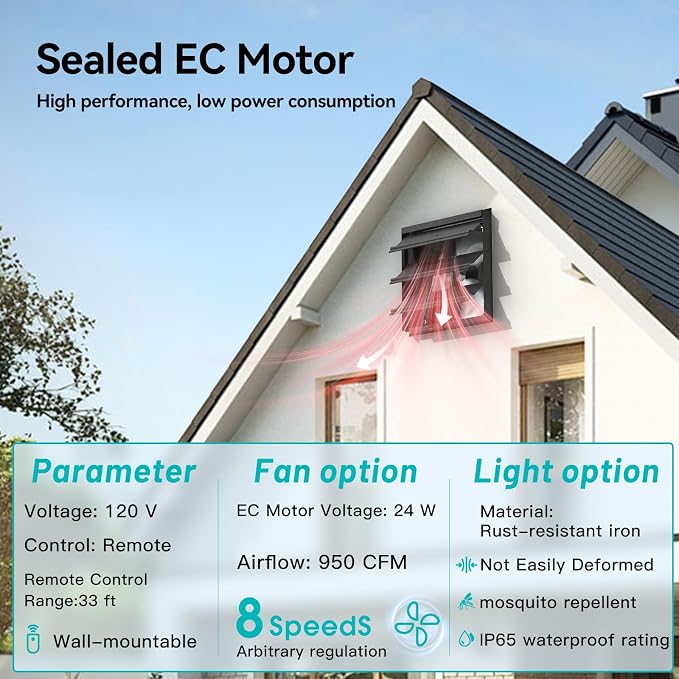 addlon 10 Inch Shutter Exhaust Fan Wall Mounted with EC Motors and Remote Control, Timer, 8 Speeds, 850CFM, Low Noise, Easy to Install, Plug in Ventilation Fan for Garages, Shops, Greenhouse, Attic