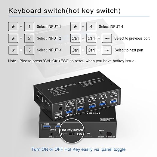 USB 3.0 KVM Switch HDMI 4 Computer 1 Monitor 4K 60Hz SPDIF L/R Hotkey - Share one Set of Keyboard Mouse Printer,1080p 120Hz 144Hz HDCP Bypass,4X USB3.0 Cable,IR Remote Ext. Windows Mac 41KVMP