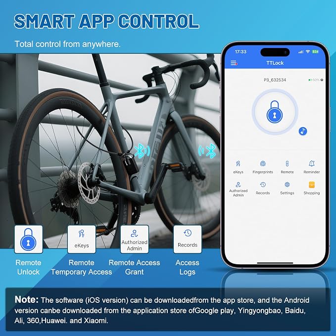 APECYC Fingerprint Bike U Lock with Cable, Heavy Duty Anti Theft Smart Lock | Unlock in 0.2 Seconds, Anti-theft Bicycle Lock with 4FT Cable for Commuting, E-bikes, Scooters, Motorcycles & Outdoor Parking