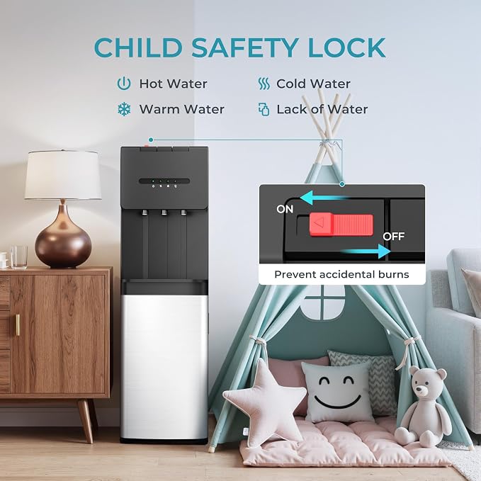 EUHOMY Bottom Loading Water Cooler Dispenser for 5 Gallon Bottle, 3 Temperature Settings – Cold, Warm & Hot, with Child Lock, LED Display Light, Water Cooler for Home, Office, Apartment, Black