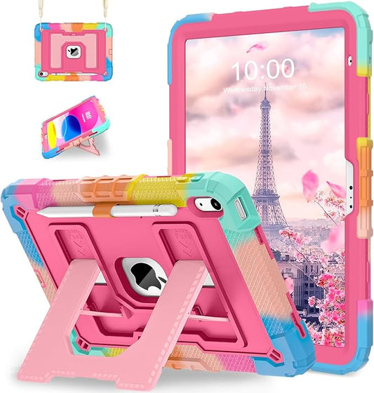 WESOROL Case for iPad A16 11th/10th Generation 2025/2022 with Pencil Holder Shoulder Strap iPad Case 10th Generation Shockproof Cover for iPad 11th/10th Gen Cases,Colorful Pink