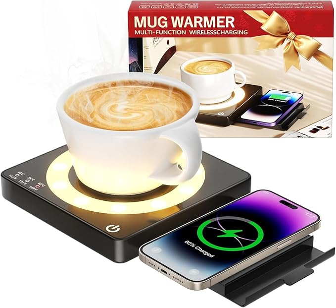 Coffee Mug Warmer, Smart Mug Warmer, 15W Wireless Phone Charging, 3 Heat Settings Temperature Controlled, 8H Auto Off, Candle Warmer, Safe for Heating Coffee, Beverage, Milk, Tea