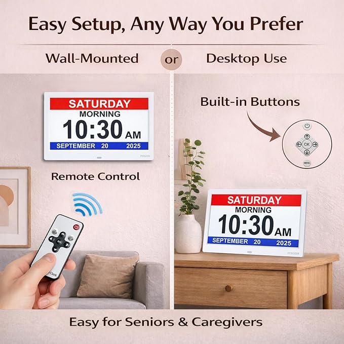 11.5'' Dementia Clocks for Seniors Extra Large, Senior Clocks with Day Date and Time, 20 Alarm Reminders, Easy-to-Read, Simple Setup, Plug-in, DST, White